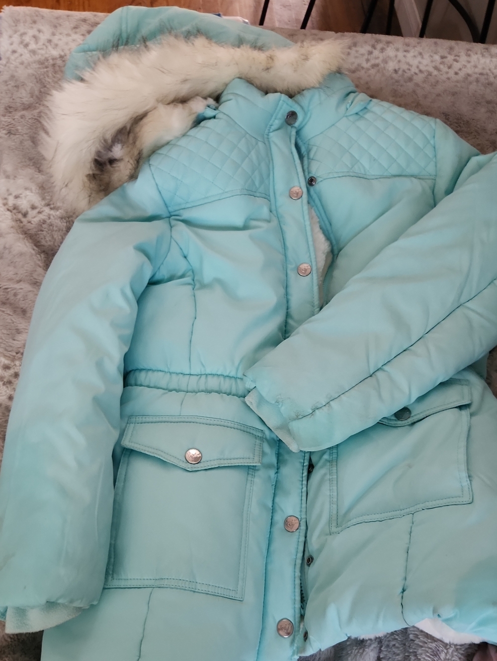 Justice Mint Blue Quilted Puffer Coat with Faux Fur Hood